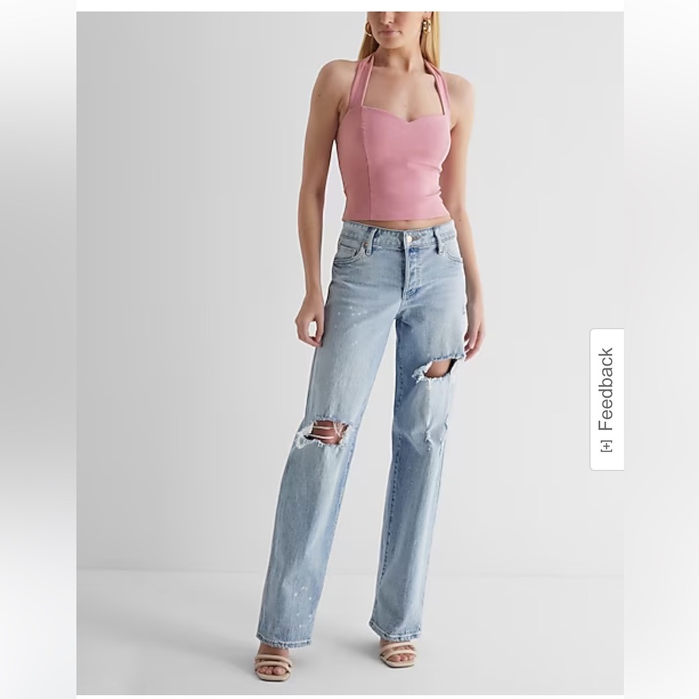 Express,  low-rise and light wash, paint splatter, baggy fit jeans